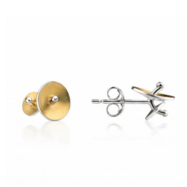 Two stud earrings, one front view and one side view, silver and 22ct gold.