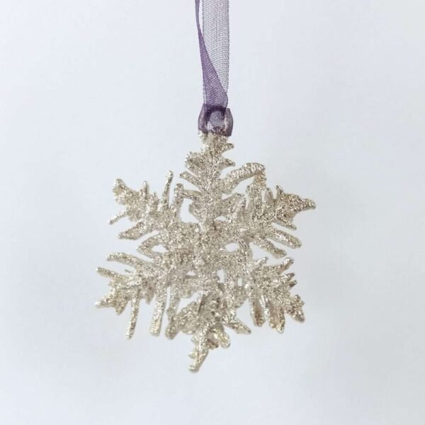 Silver snowflake decoration on white background