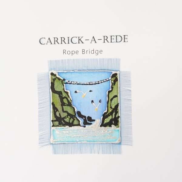 Detail of hand painted silk card featuring carrick-a-rede rope bridge