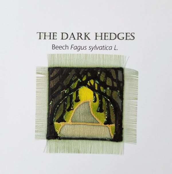 Detail of handpainted silk card design featuring the Dark Hedges