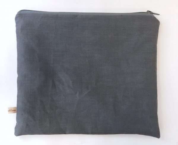 Back of grey textile pouch