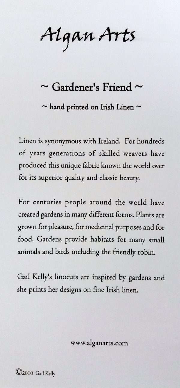 Back of Gail Kelly linoprint on Irish linen, Gardener's Friend
