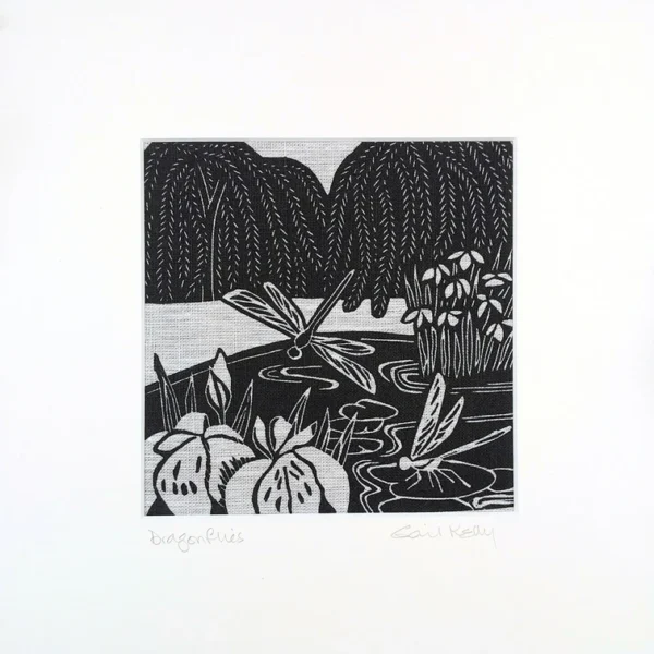 'Dragonflies' linocut on Irish linen
