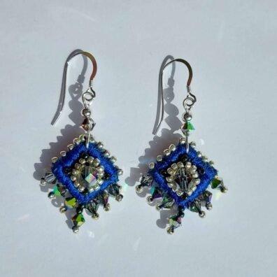 Blue embroidered drop earrings