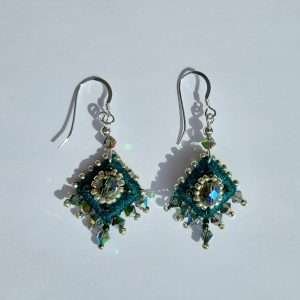 Green embroidered drop earrings