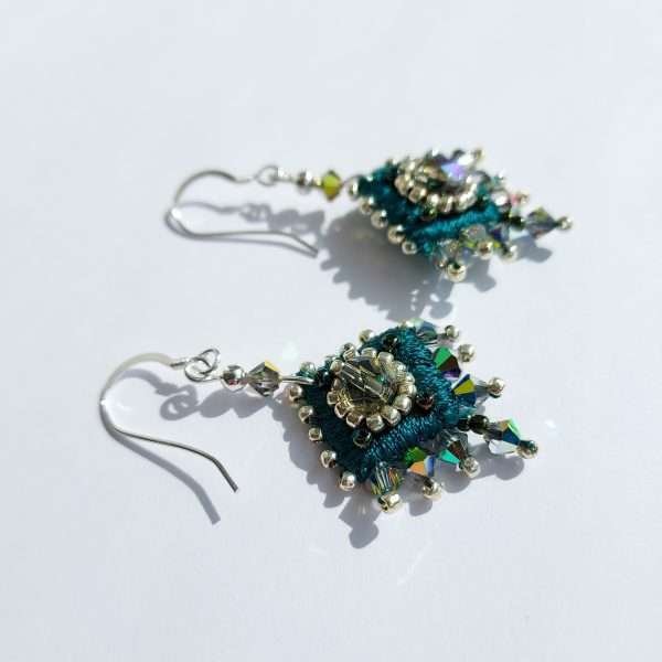 Green embroidered drop earrings