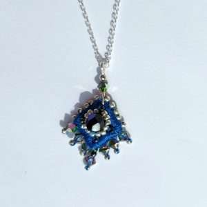 Blue Embroidered necklace on silver chain