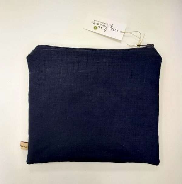 Back of navy textile pouch