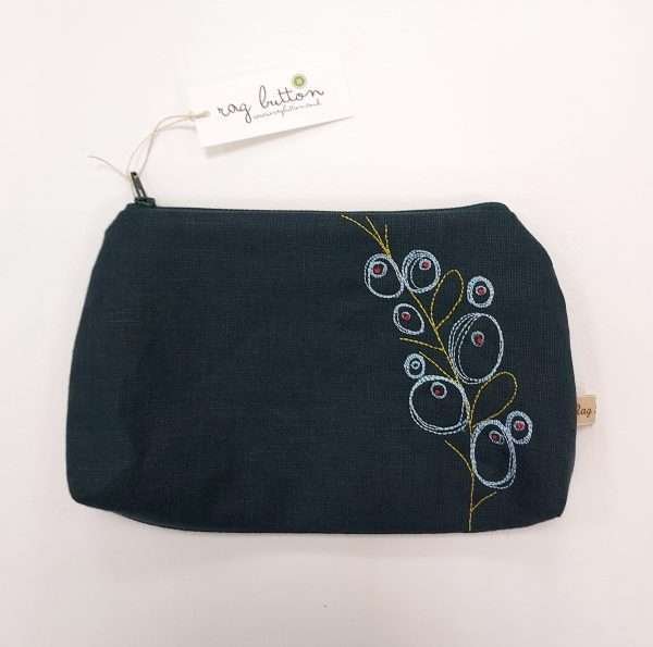 Dark green embroidered textile pouch with zip