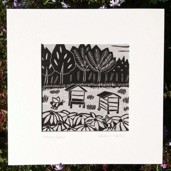 'Honey Bees' linocut on Irish linen