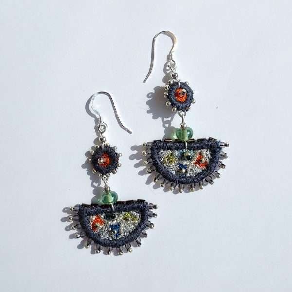 Large semi circular embroidered earrings slate coloured with silver fittings