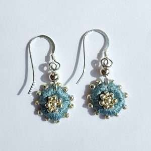 Light blue round embroidered drop earrings