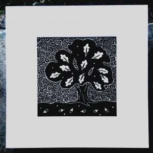 'Oak' square unframed mount, linocut on Irish linen by Gail Kelly.