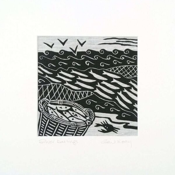 'Silver Darlings' linocut on Irish linen