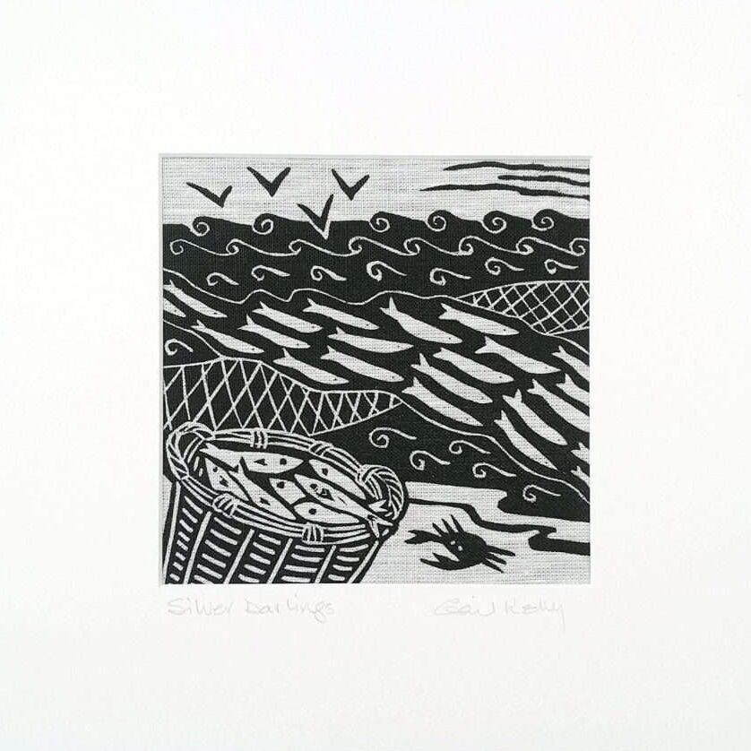 'Silver Darlings' linocut on Irish linen