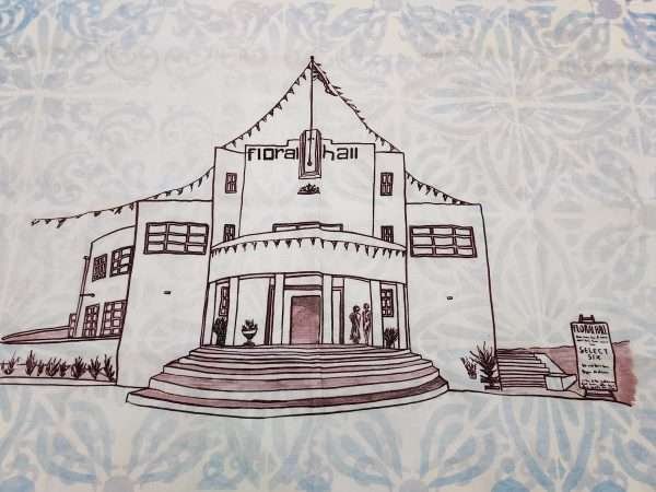 Detail of Cotten tea towel with blue pattern and illustration of Belfast Floral Hall