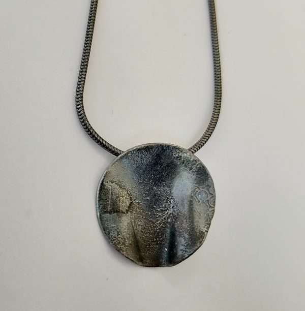 Rippled Oxidised Silver Small Pendant on Chain