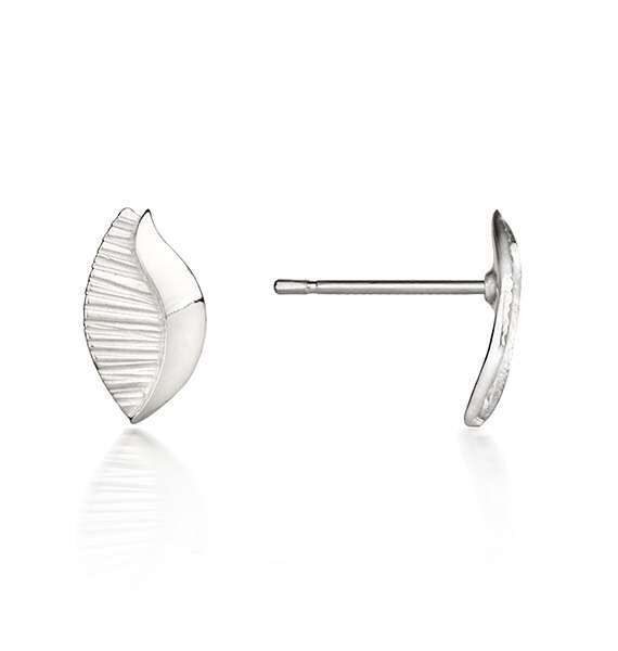 Silver stud earrings contrasting textures of polished and textured surfaces