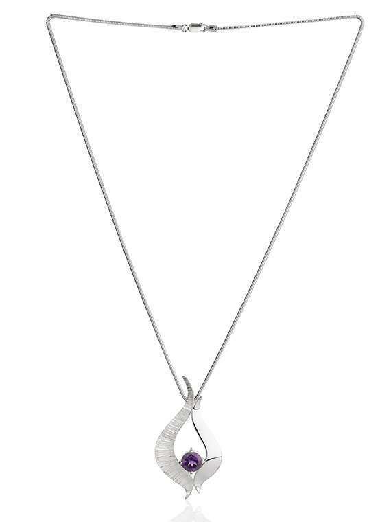Silver wave pendant set with amethyst stone on silver snake chain