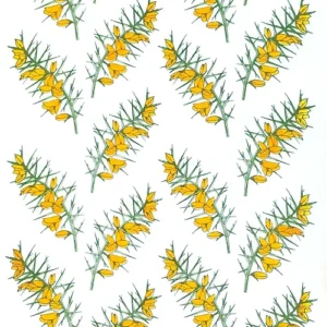 White Linen tea towel printed with a yellow and green gorse pattern