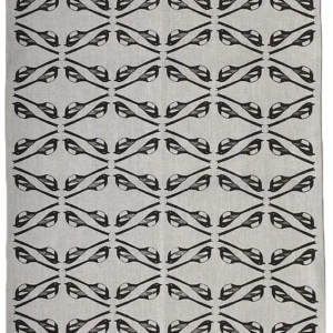 Natural linen teatowel printed in a repeating pattern of magpies in black