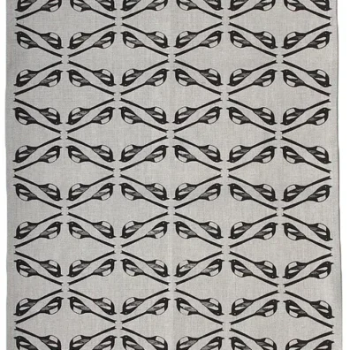 Natural linen teatowel printed in a repeating pattern of magpies in black