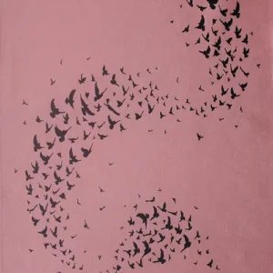 pink linen tea towel printed wit an image of a starling murmuration in black