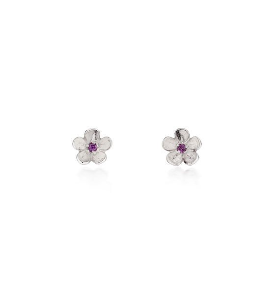 Cherry Blossom Small Silver Stud Earrings with Garnets