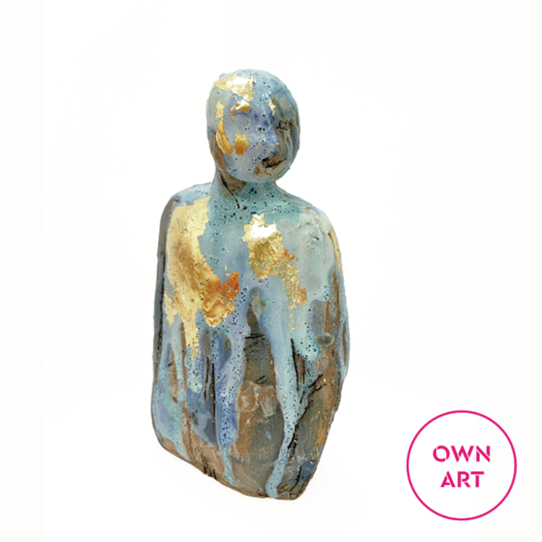 Sculptural Figure in Turquoise, Dark Olive and Goldleaf