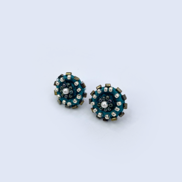 Embroidered round earrings Teal