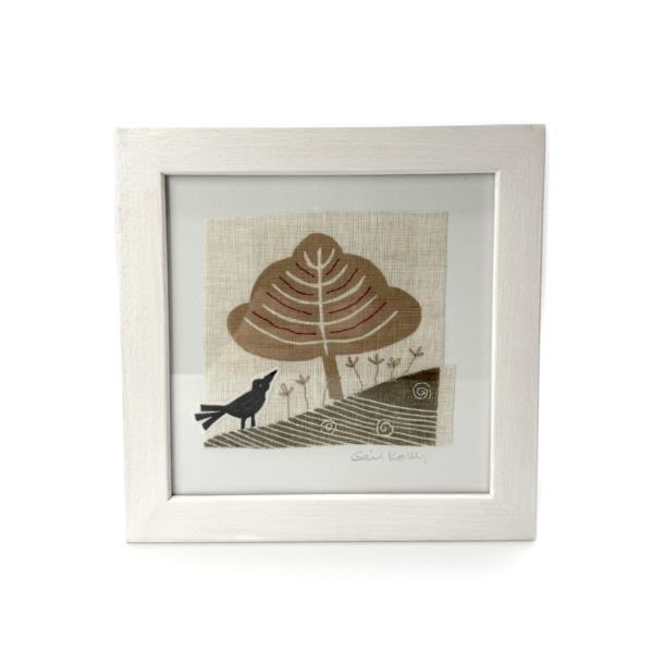 Tree and Bird White Framed Hand Stitched Collage on Irish Linen