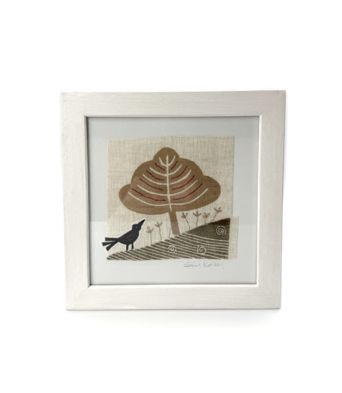 Tree and Bird White Framed Hand Stitched Collage on Irish Linen