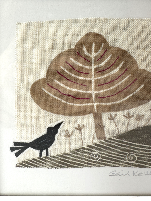 Tree and Bird White Framed Hand Stitched Collage on Irish Linen - Image 2