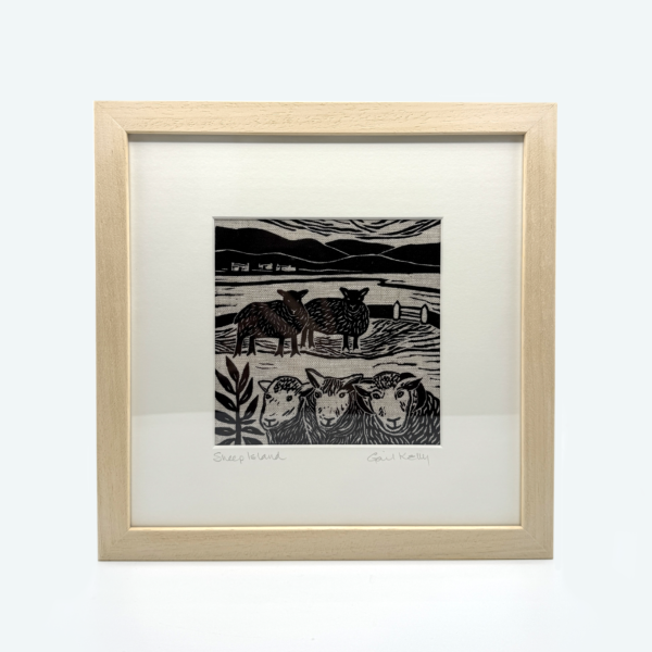'Sheep Island' framed linocut on Irish Linen