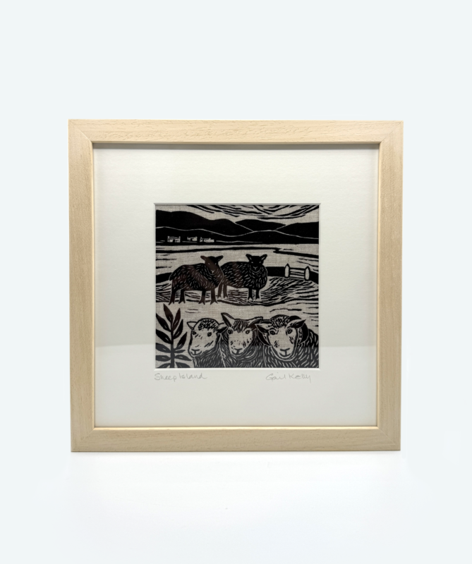 'Sheep Island' framed linocut on Irish Linen