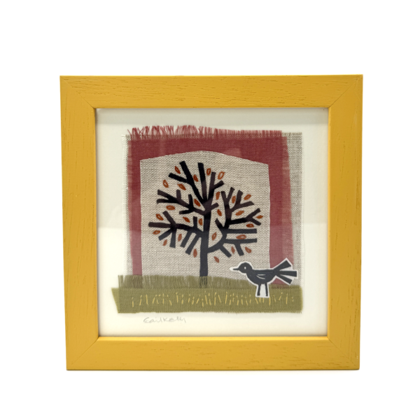 Tree and Bird Yellow Framed Hand Stitched Collage on Irish Linen