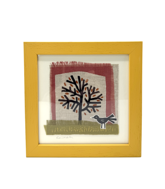 Tree and Bird Yellow Framed Hand Stitched Collage on Irish Linen