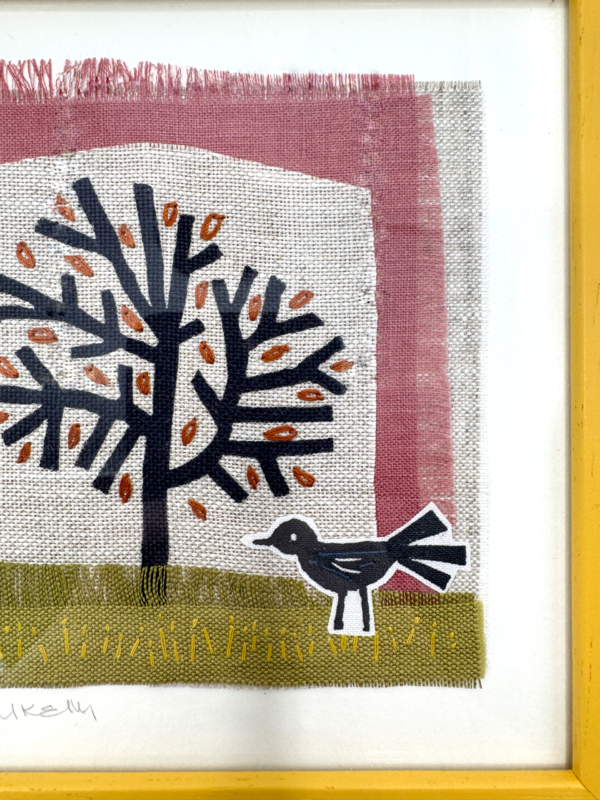 Tree and Bird Yellow Framed Hand Stitched Collage on Irish Linen - Image 2