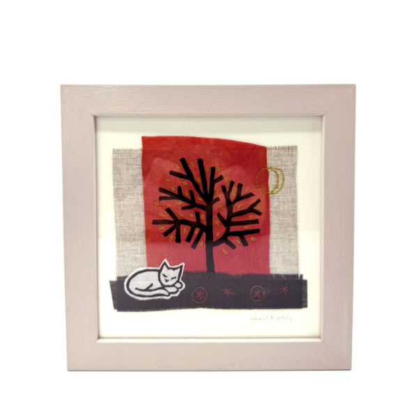 Tree and Cat Pink Framed Hand Stitched Collage on Irish Linen
