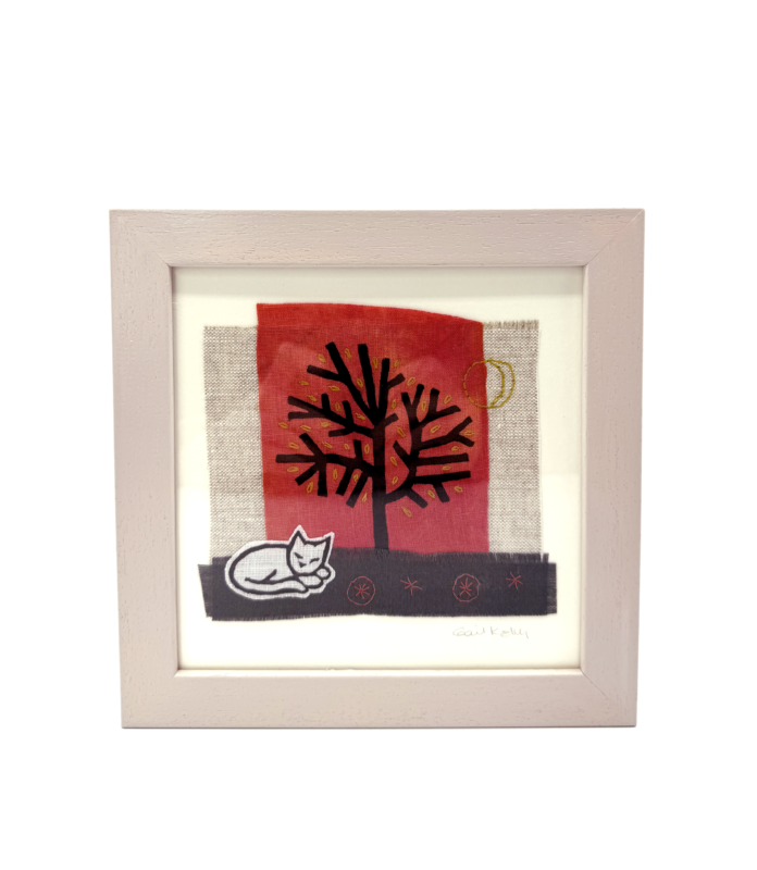 Tree and Cat Pink Framed Hand Stitched Collage on Irish Linen