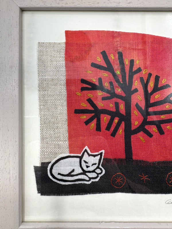 Tree and Cat Pink Framed Hand Stitched Collage on Irish Linen - Image 2