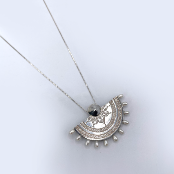Sun and Moon Disk Silver / Fresh Water Pearl Necklace